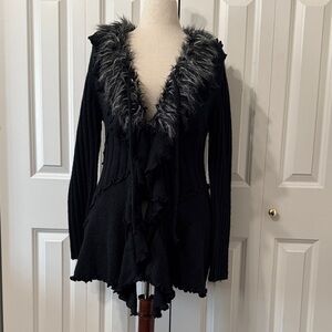Black Cardigan with Faux Fur Trim